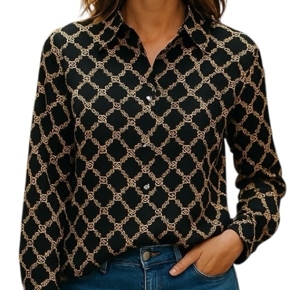 Foxcroft Black Gold Chain Blouse Wrinkle Free Shaped Fit Faux Pearl Buttons 16W - Picture 1 of 11